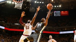 JUNE 3: LeBron James #23 of the Cleveland Cavaliers defends Kevin Durant #35 of the Golden State Warriors in Game Two of the 2018 NBA Finals on June 3, 2018 at ORACLE Arena in Oakland, California. 