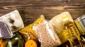 Packaged Non Perishable Foods On Wooden Table