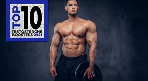 Bodybuilder holding a barbell plate promoting top ten testosterone booster for 2021