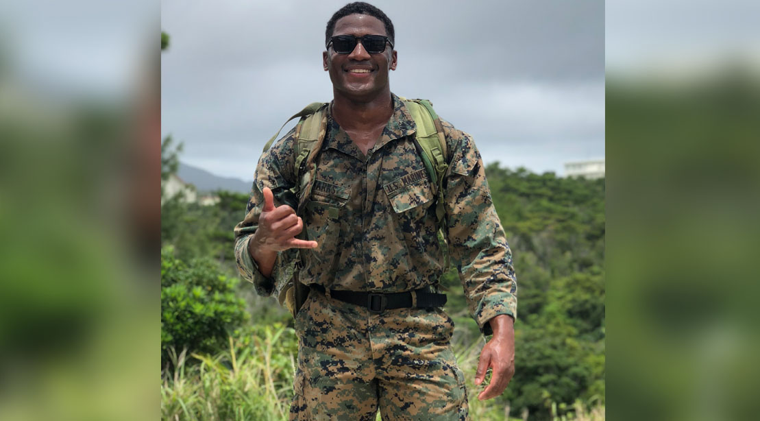 Marine Corp Vet Aaron Marks Wearing Military Fatigues In the Jungle