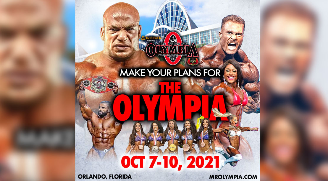 Olympia 2021 promotional image with all the olympia winners from Olympia 2020