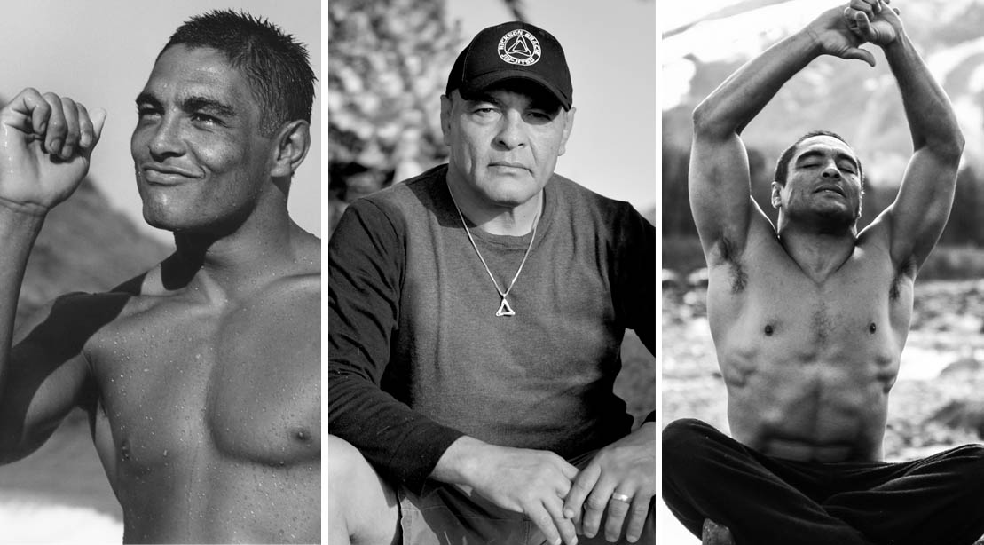 Legendary BJJ Martial Artist Rickson Gracie as a young man and as himself now meditating and reflecting on his life copy