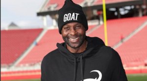 Former NFL Pro Wide Receiver for the San Francisco 49ers Jerry Rice on the football field