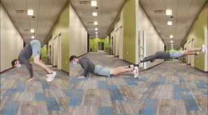 Andy McDermott performing an advanced push-ups challenge with toe touchers and supermans movements