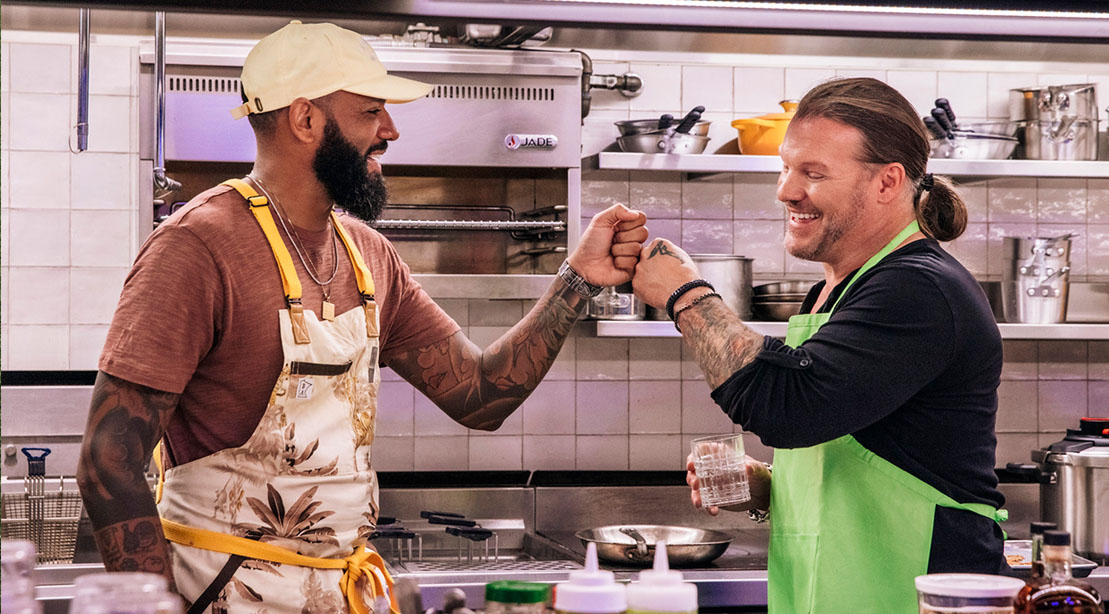 Wrestler Chris Jericho in the kitchen of Fast Foodies
