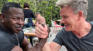 Chef Rush arm wrestling Michelen Star Chef Gordon Ramsey