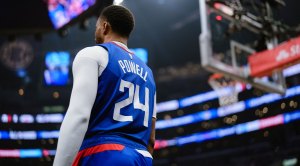 Norman Powell on the basketball court wearing his Clipper jersey