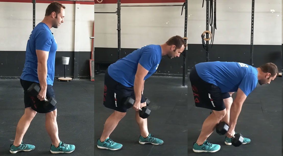 Personal trainer performing a dumbbell death march lunges